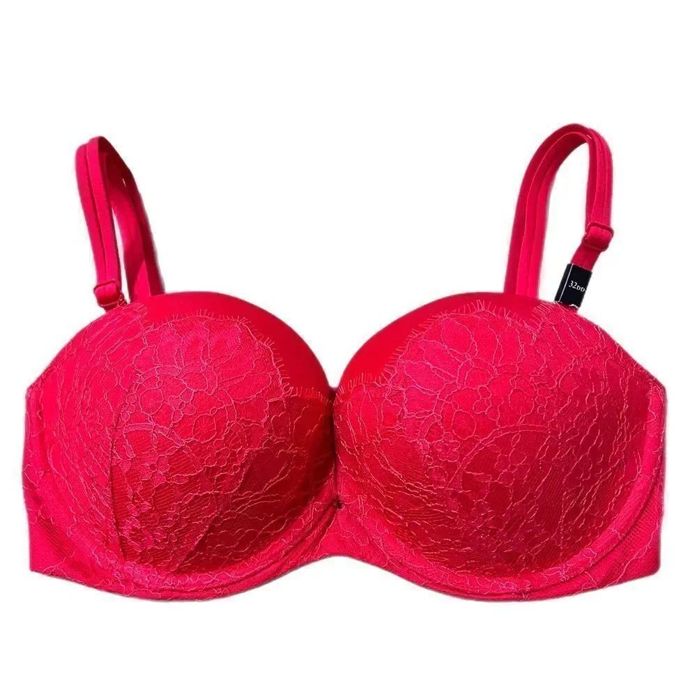 Victoria’s Secret Very Sexy Strapless Multi-way Padded Satin / lace bra Red 32DD